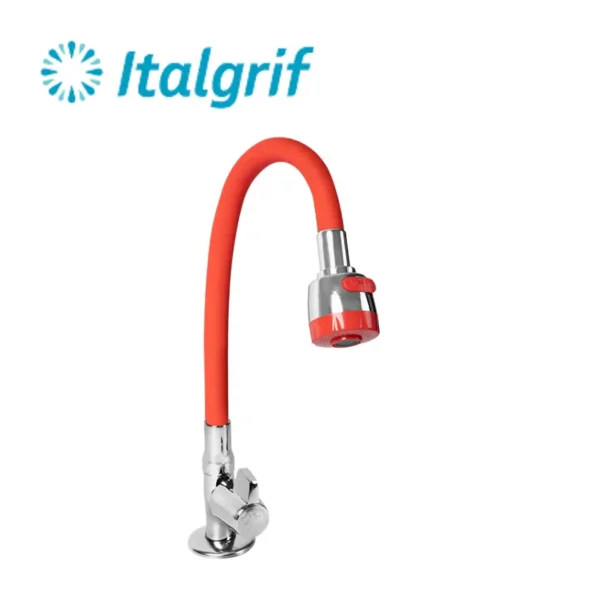 LLAVE PARA LAVADERO CON PICO FLEXIBLE ROJO AL MUEBLE - ITALGRIF
